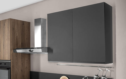 Dafne Italian Design Cucina completa di elettrodomestici (forno, lavandino, cappa cottura) stile Industrial - effetto rovere club, nero opaco, frigo a sinistra - cm. 330 x 60 x 243