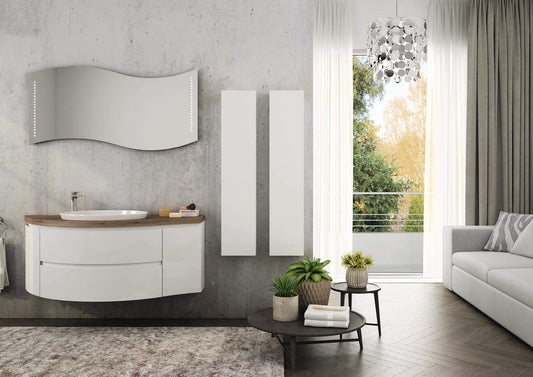 Dafne Italian Design Mobile da bagno sospeso color Rovere Tabacco, Laccato Bianco Lucido - Misura:ᅠL.135 P.50/36 cm con Lavabo in ceramica - due pensili sospesi