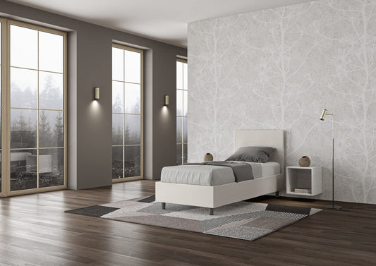 Dafne Italian Design - Letto Singolo 80x190 con Testata Made in Italy, Compreso di Rete a Doghe, Imbottitura in Semilpelle (Materasso non Incluso) (Bianco - Semilpelle, Letto Normale)
