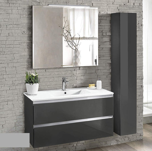 Dafne Italian Design Mobile da bagno sospeso misura cm. 100 x 46 x 51h con lavabo integrato, due cassttoni scorrevoli, specchio e colonna sospesa colore grigio antracite