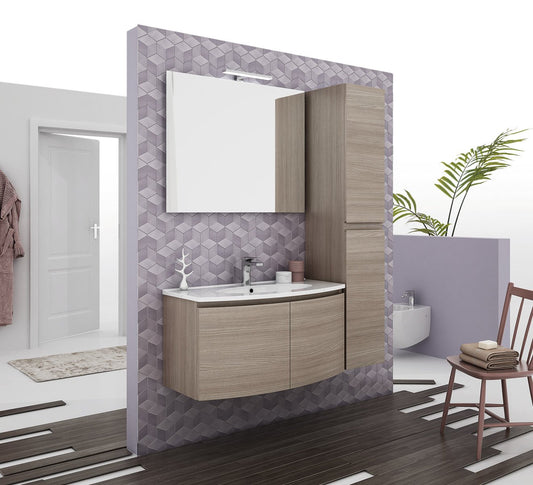 Dafne Italian Design Mobile da bagno sospeso L.91 P.36/46 cm. con colonna due ante colore Olmo Terra,Top lavabo in resina; Base p/lav.2 ante; Specchio a filo lucido con lampada led