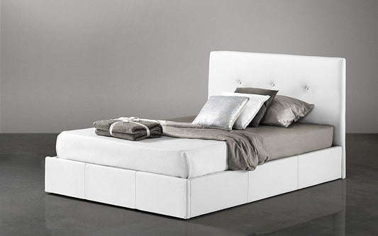 Dafne Italian Design Letto una piazza e mezza con contenitore rivestito in similpelle bianca, rete ortopedica a doghe 138x203x100h cm.