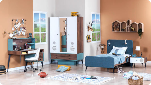 Dafne Italian Design Cameretta Completa Campus Color Legno, Azzurro e Bianco