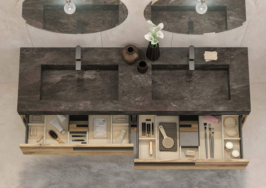 Dafne Italian Design Mobile Bagno Moderno per Coppia con lavabo a Terra – Castagno Naturale Levigato veletta Gres Porcellanato Ardesia Nero con Doppia Vasca