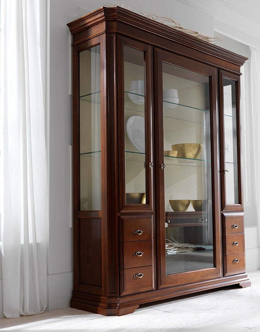 Vetrina 3 ante e 6 cassetti, colore legno scuro, 220X50X192, 120 Kg, Struttura: listellare di abete Cassetti: legno massiccio impiallacciato noce nazionale 100% Made in Italy