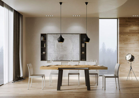 Itamoby, Tavolo allungabile Bridge 130->234 cm, Pannelli di Nobilitato, Quercia Natura & Antracite L.130 P.90 H.77 (allungabile Fino a L.234 con Due allunghe)