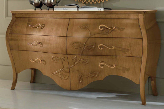 Dafne Italian Design Com�, legno chiaro, decorazione foglia, 96X60X174, 120 Kg, Piano: legno massiccio - ebano. Ante pioppo - ebano. Piedi: tiglio