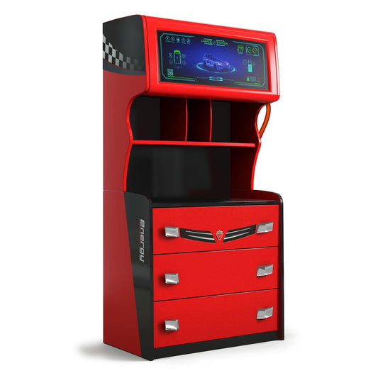 Cilek 3 Chest with Cabinet EV Car Charger Design, Extra Shelves, Soft-Close Drawers, Red