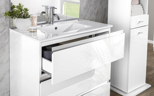 Mobile da bagno "Vichy" finitura bianco lucido composto da: componibile bagno cm 81x46x189 (base, lavabo, specchio, pensile) - colonna girevole cm. 35x35x180 - sestino a terra cm 60x45x126