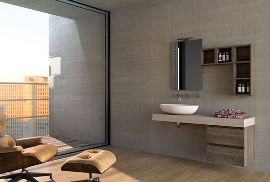 Dafne Italian Design Mobile da bagno sospeso Misura: L.140 P.46 cm Finitura Rovere scuro e chiaro - lavabo ad appoggio in ceramica - specchio - pensili a giorno100% made in Italy