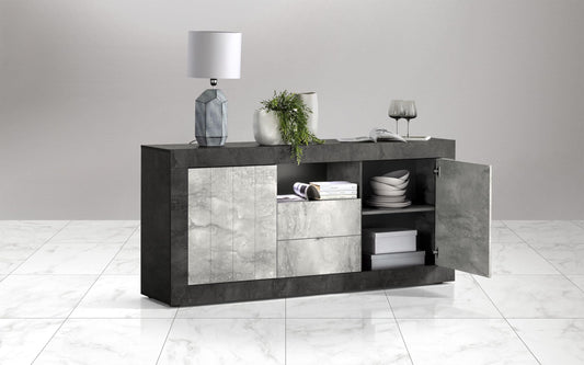 Dafne Italian Design Mobile da soggiorno moderno Urby colore grigio chiaro e grigio scuro: madia due ante cm. 184x42x86; una vetrina a due ante cm. 110x42x189.
