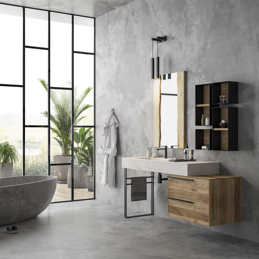 Dafne Italian Design Mobile Bagno Moderno con lavabo a Terra – Castagno Naturale Levigato Gres porcellanato con Vasca Integrata Ardesia Bianca