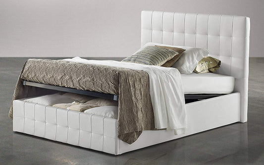 Dafne Italian Design Letto una piazza e mezza contenitore, rivestito in similpelle, bianco,rete ortopedica a doghe in legno 140x210x116h cm.