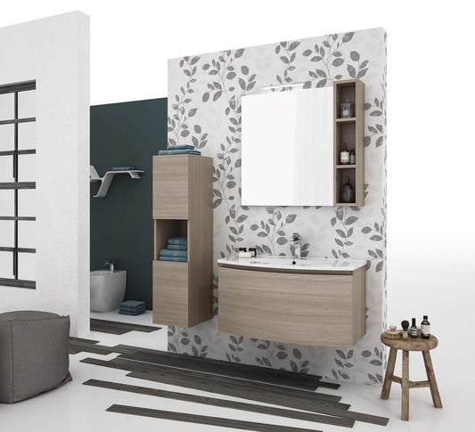 Mobile da bagno sospeso misura L.91 P.36/46 e colonna colore Olmo Terra - Top lavabo in resina - Base p/lav. 1 cassettone; mensola e specchio - Top lavabo in resina