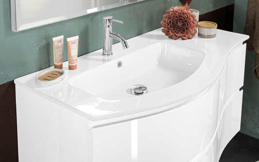 Dafne Italian Design Mobile da bagno componibile sospeso Elegance bianco laccato lucido cm 110 x 55 x 189 (base, lavabo in vetro, specchio)