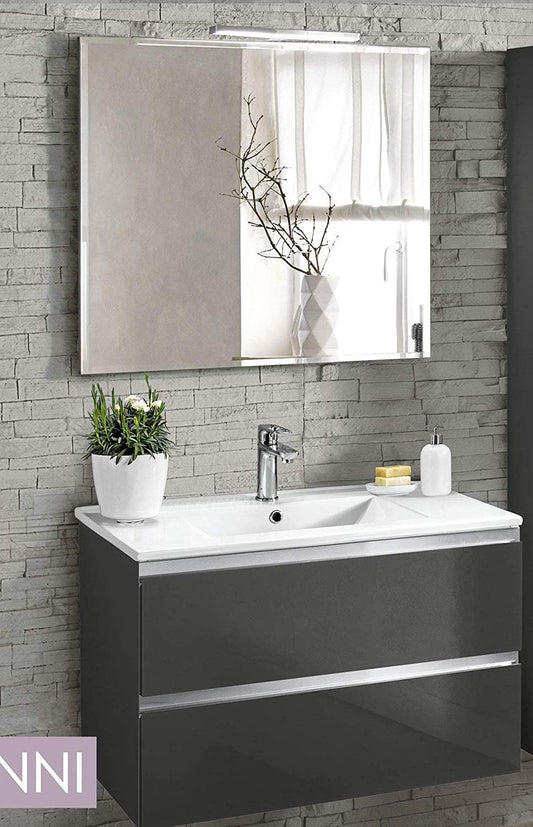 Dafne Italian Design Mobile da bagno sospeso con lavabo misura cm. 80 x 46 x 51h. - colore rovere scuro - 2 cassetti con maniglia a gola, lavabo e specchio con luce a Led