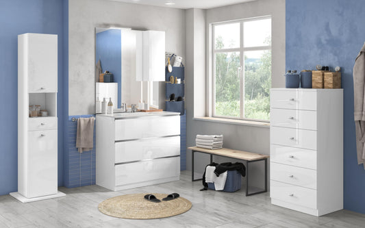 Mobile da bagno "Vichy" finitura bianco lucido composto da: componibile bagno cm 101x46x189 (base, lavabo, specchio, pensile) - colonna girevole cm. 35x35x180 - sestino cm 60x45x126