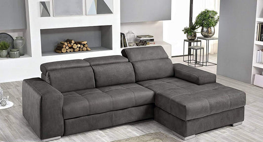 Dafne Italian Design Divano Letto angolare 3 posti con penisola a Destra. Similpelle Effetto Nabuk Nero (cm. 259 x 178 x 94h)