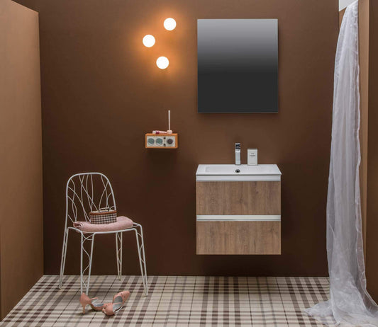 Dafne Italian Design Mobile da bagno ad uso lavanderia (cm. L58 x P48 x H55) con vasca integrata in Ocritech doppio fondo, finitura effetto legno rovere, specchio, lampade