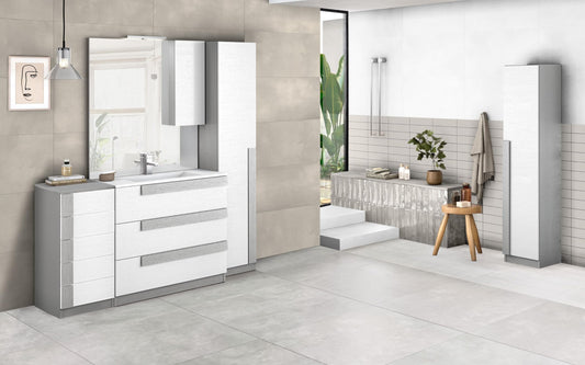 Mobile da bagno "Sandie" grigio e bianco componibile cm 81x46x189 (base, lavabo, specchio, pensile) - colonna anta sx cm. 35x34x189 - mobile 5 cassetti cm 35x34x85, colonna anta dx 35x34x164