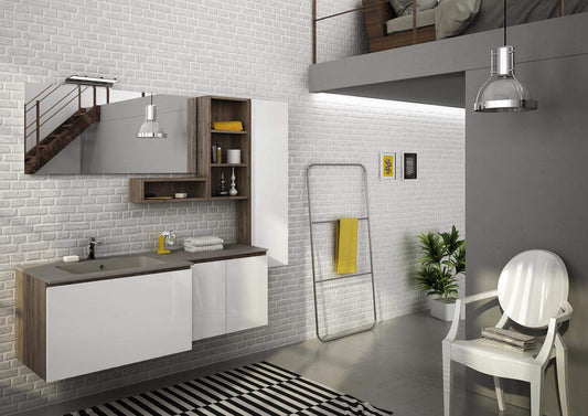 Dafne Italian Design Mobile da bagno Misura: L.155 P.50 cm - Finitura: Laccato Bianco Lucido e Rovere Terra - Top: Resina Materica con vasca integrata colore Tortora - 100% made in Italy