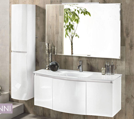 Dafne Italian Design Mobile da bagno sospeso cm. 122 x 41/52 x 190h con lavabo in vetro - finitura bianco lucido - specchio incluso - colonna sospesa cm. 150x25x30.
