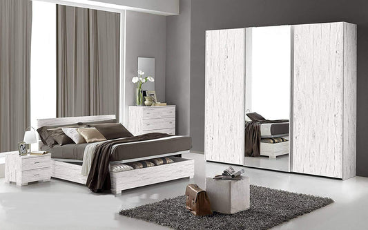 Dafne Italian Design Camera Completa - Effetto Quercia Bianca (Letto Matrimoniale, Armadio, Comodino, Specchiera, Comò)