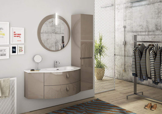 Dafne Italian Design Mobile bagno sospeso finitura Laccato Canapa Lucido misura 145 P51/21 cm con con specchio rotondo e lampada led - vasca integrata - Colonna 2 ante