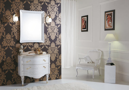 Mobile da bagno classico con cassetti e specchio rettangolare - Misura: 84-36/53x82 cm - Finitura: Finitura Decapè bianco oro - Top in marmo travertino - specchio rettangolare - 100% made in Italy
