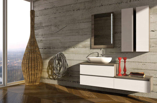 Dafne Italian Design Mobile da bagno sospeso Misura: L.155 P.46 colore Rovere bianco - Top Legno c/lavabo ad appoggio in ceramicaspecchio - 2 pensili rett. con sportello - cassetti