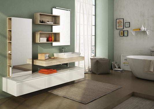Mobile da bagno di design Laccato Bianco Lucido e Rovere Sabbia, Misura: L.210 P.50, Top in Legno Melamicico Rovere Sabbia con lavabo in ceramica
