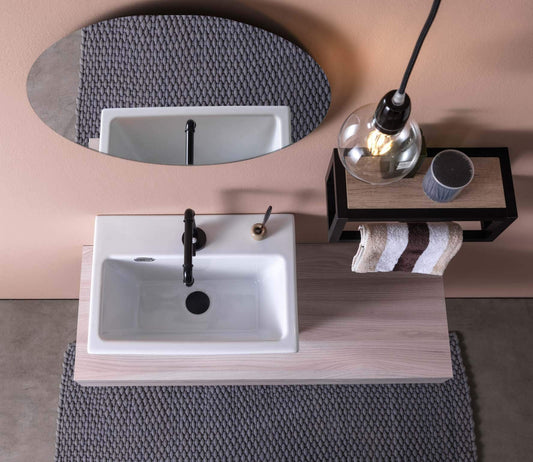 Dafne Italian Design Mobile da Bagno ad Uso Lavanderia Legno Olmo Perla (cm. L98 x P37,5 x H12), Lavabo in Ceramica, Mensolone Porta lavabo, Portasciugamano, Specchio, Lampada Nera a Sospensione