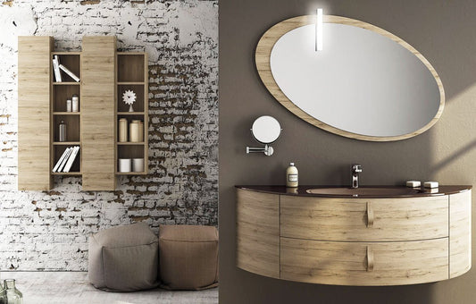 Dafne Italian Design Mobile da bagno - Misura: L.150 P.52 cm - Finitura: Rovere Sabbia - Top: Cristallo con vasca integrata, specchio, pensile con vani chiusi e a giorno