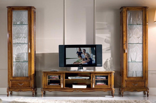 Dafne Italian Design Vetrina sinistra 1 anta 1 cassetto, noce scuro, schienale tappezzato -cm: 58 cm - 35 cm - H 184 cm stile classico - 100% Made in Italy (SF17)