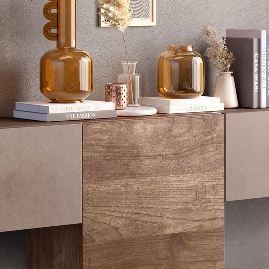 Dafne Italian Design Mobile da soggiorno moderno Fantasia misura cm. 262x30x205 colore bronzo e noce: 4 moduli chiusi e mensola con vanin a giorno.