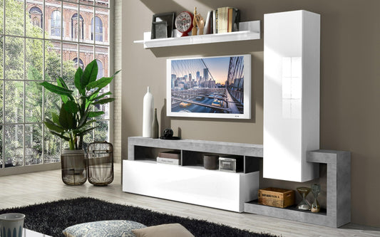 Dafne Italian Design Mobile da soggiorno moderno Amby color bianco lucido e grigio cemento cm. 219 x 35 x 205 (base tv, pensile, mensola, madia 2 ante)