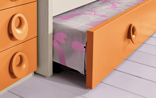 Dafne Italian Design Cameretta Completa a Ponte - Effetto Betulla, Bianco, Mandarino (Triplo Letto Singolo e Armadio) (cm. 350 x 96 x 259h)