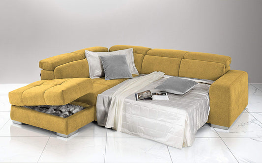 Dafne Italian Design Divano Letto angolare 3 posti con penisola a Sinistra. Tessuto Romeo Senape (cm. 266 x 230 x 94h)