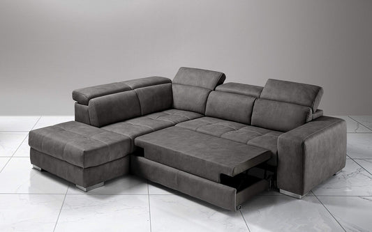 Dafne Italian Design Divano Letto angolare 3 posti con penisola a Sinistra. Similpelle Effetto Nabuk Nero (cm. 266 x 230 x 94h)