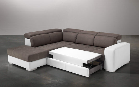 Dafne Italian Design Divano Letto angolare 3 posti con penisola a Sinistra. Similpelle Bianco, Similpelle Effetto Nabuk Elephant (cm. 266 x 230 x 94h)