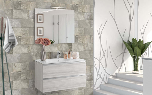 Dafne Italian Design Mobile da bagno Vichy finitura eucalipto bianco, sospeso cm. 81x46x189 (base, lavabo, specchio)