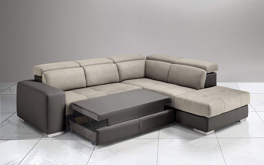 Dafne Italian Design Divano Letto angolare 3 posti con penisola a Destra. Similpelle Elephant, Similpelle Effetto Nabuk Light Grey (cm. 266 x 230 x 94h)