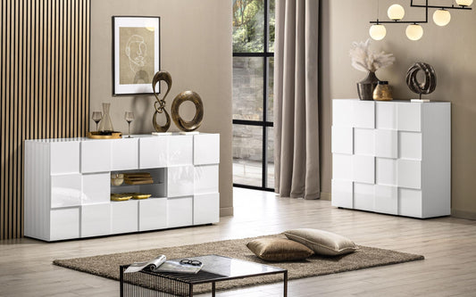 Mobili da soggiorno moderni "Dame" color bianco lucido: madia 2 ante cm. 121 x 43 x 111; madia 2 ante e 2 cassetti cm. 181 x 43 x 84