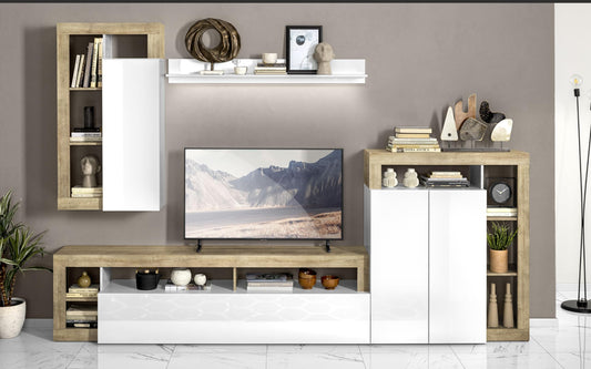 Dafne Italian Design Mobile da soggiorno moderno Amby color bianco lucido e rovere chiaro cm. 290 x 42 x 205 (base tv, pensile, libreria, madie, mensola)