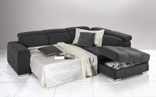 Dafne Italian Design Divano Letto angolare 3 posti con penisola a Destra. Tessuto Romeo Nero (cm. 266 x 230 x 94h)