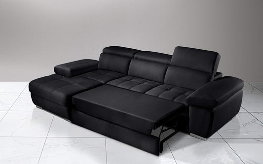Dafne Italian Design Divano Letto angolare 3 posti con penisola a Sinistra. Similpelle Nero (cm. 265 x 182 x 97h)