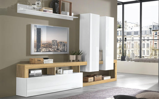 Dafne Italian Design Mobile da soggiorno moderno Amby color bianco lucido e rovere chiaro cm. 277 x 35 x 205 (base tv, pensili, mensola)