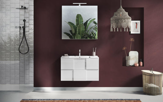 Mobile da bagno componibile sospeso "Dame" color bianco lucido cm. 80 x 45 x 85 (base, lavabo, specchio, pensile)