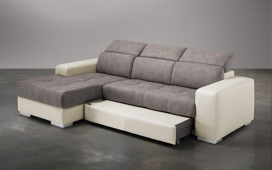 Dafne Italian Design Divano Letto angolare 3 posti con penisola a Sinistra. Similpelle Milk, Similpelle Effetto Nabuk Talpa (cm. 259 x 178 x 94h)