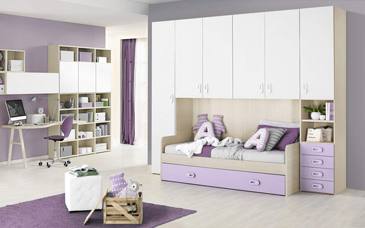 Dafne Italian Design TUTTOCAMERETTE.IT Cameretta Completa a Ponte Doppio Letto - Effetto Pino Chiaro, Bianco, Lilla (Letto Singolo e Armadio) (cm. 295 x 93 x 245h)